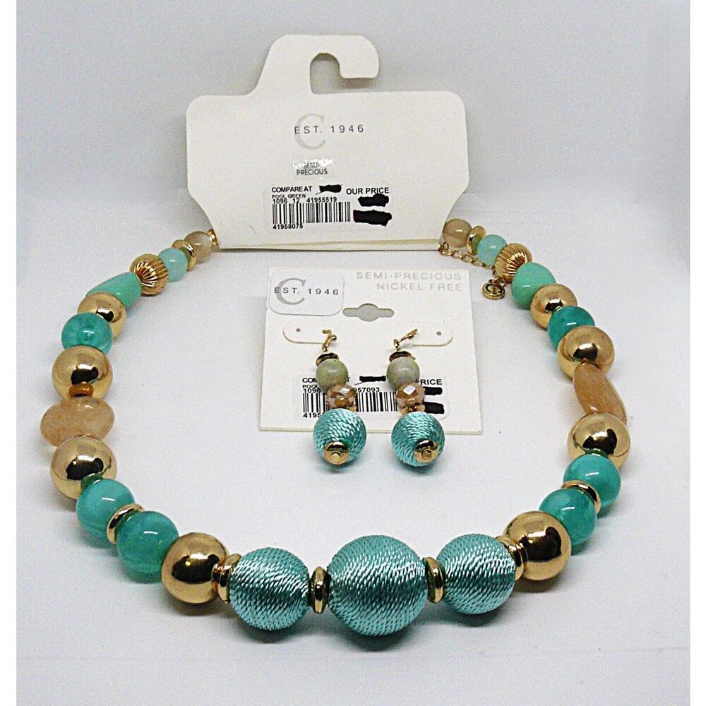 C EST 1946 Semiprecious Necklace Earrings Turquoise Color Gold Tone Rose Qtz VTG